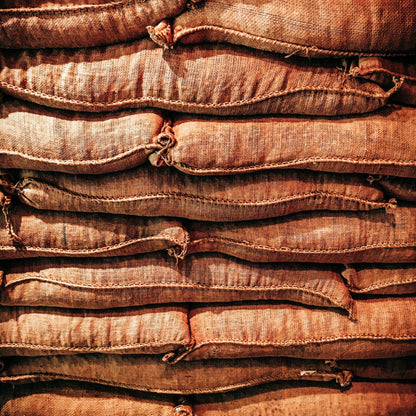stacked sacks of green coffee ready for export.